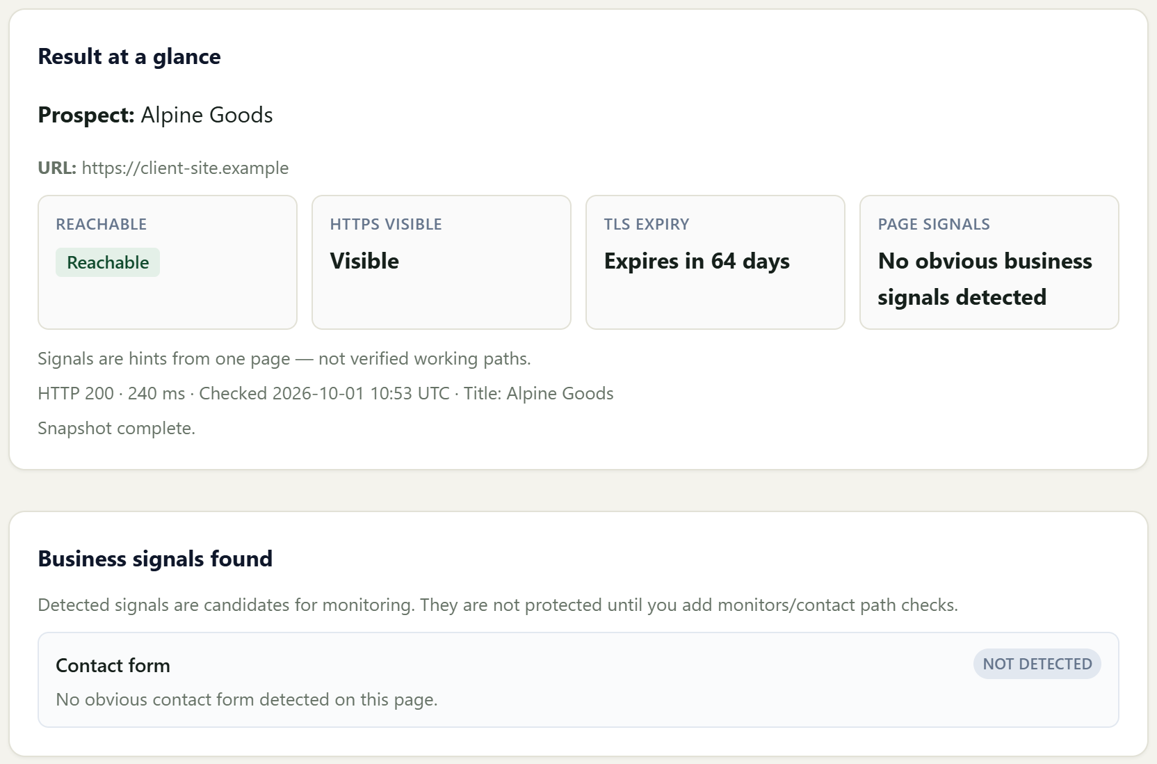 Audit result for client-site.example. The page is reachable, and no contact form was detected.
