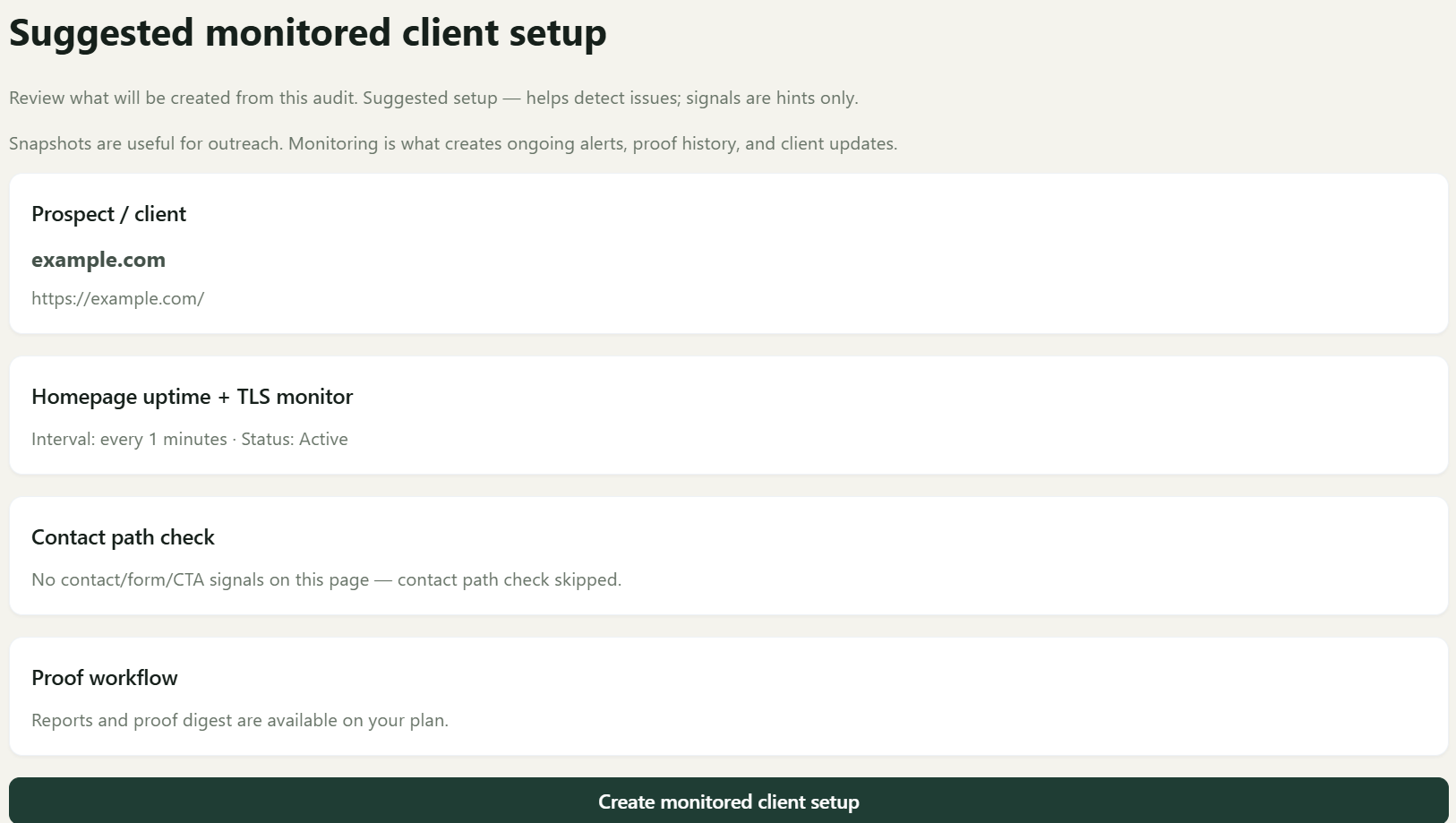 Suggested monitored client setup showing homepage monitoring, contact path checks, and proof workflow.