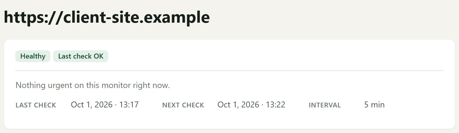 client-site.example is being watched every 5 minutes, and the latest check is healthy.